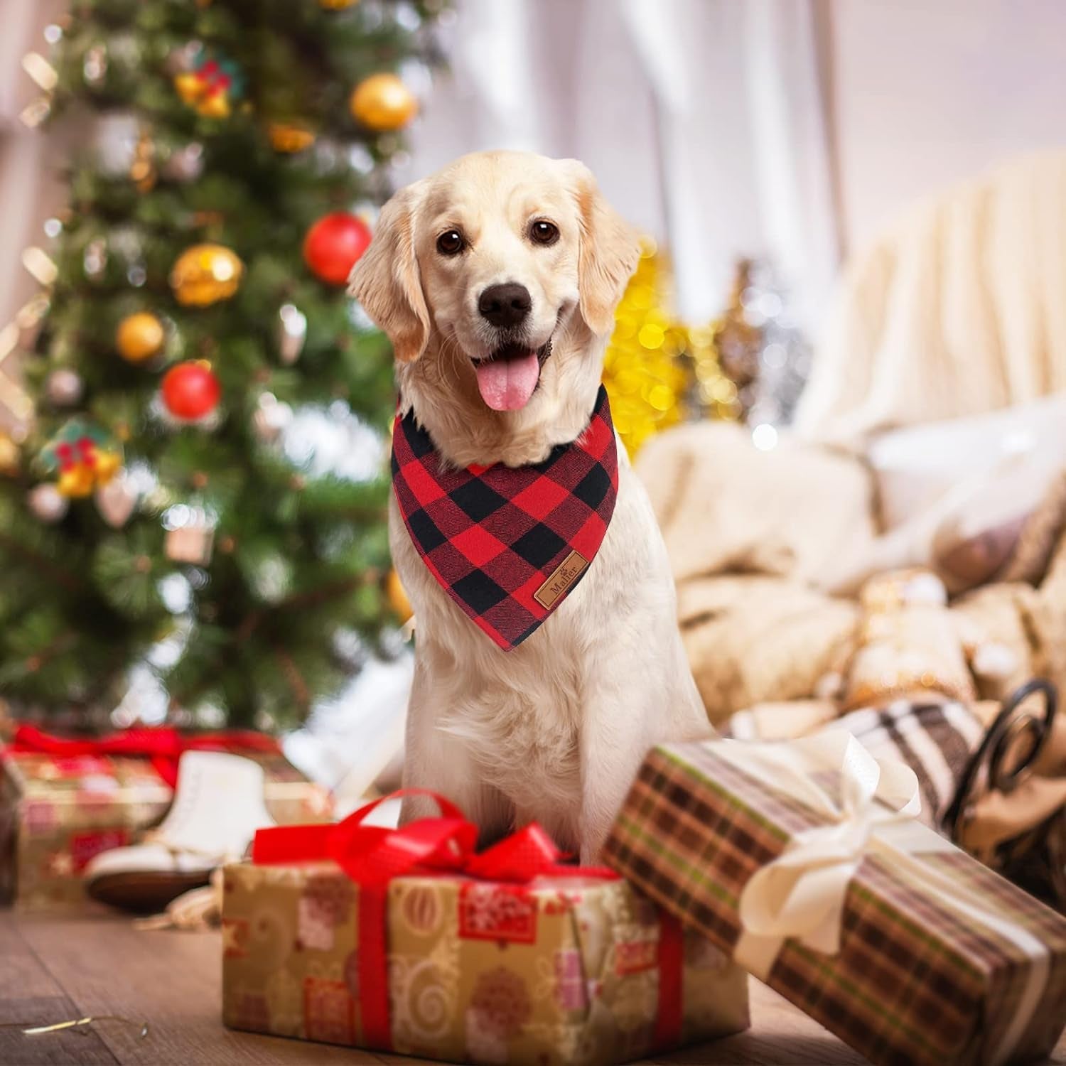 Set of 2 Christmas Dog Bandanas in Classic Buffalo Red Plaid - Triangle Bibs and Kerchiefs for Small and Large Dogs