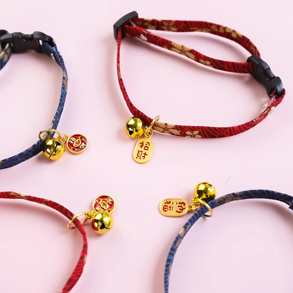 Japanese Style Adjustable Cat Collar with Bell Necklace Cute Pet Cat Dog Pendant Safety Collar Four Season General Pets Supplies