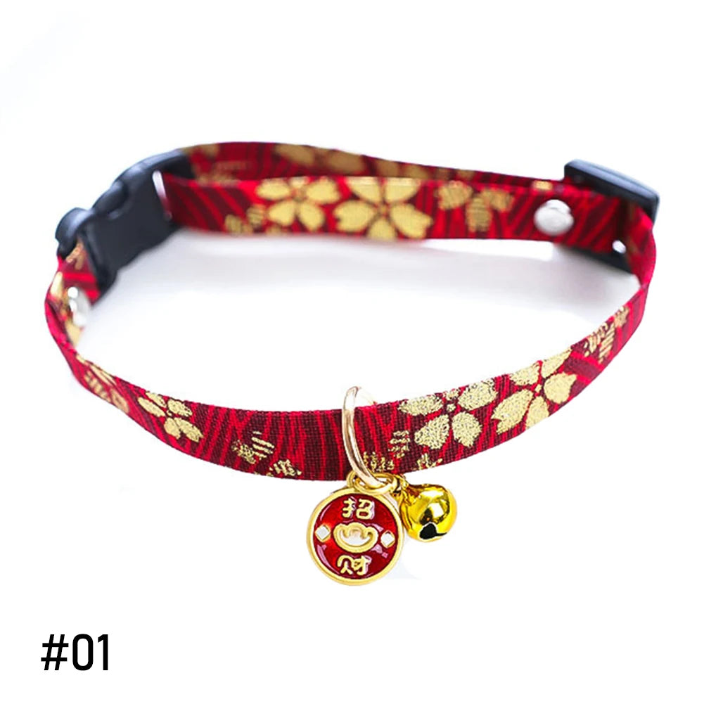 Japanese Style Adjustable Cat Collar with Bell Necklace Cute Pet Cat Dog Pendant Safety Collar Four Season General Pets Supplies