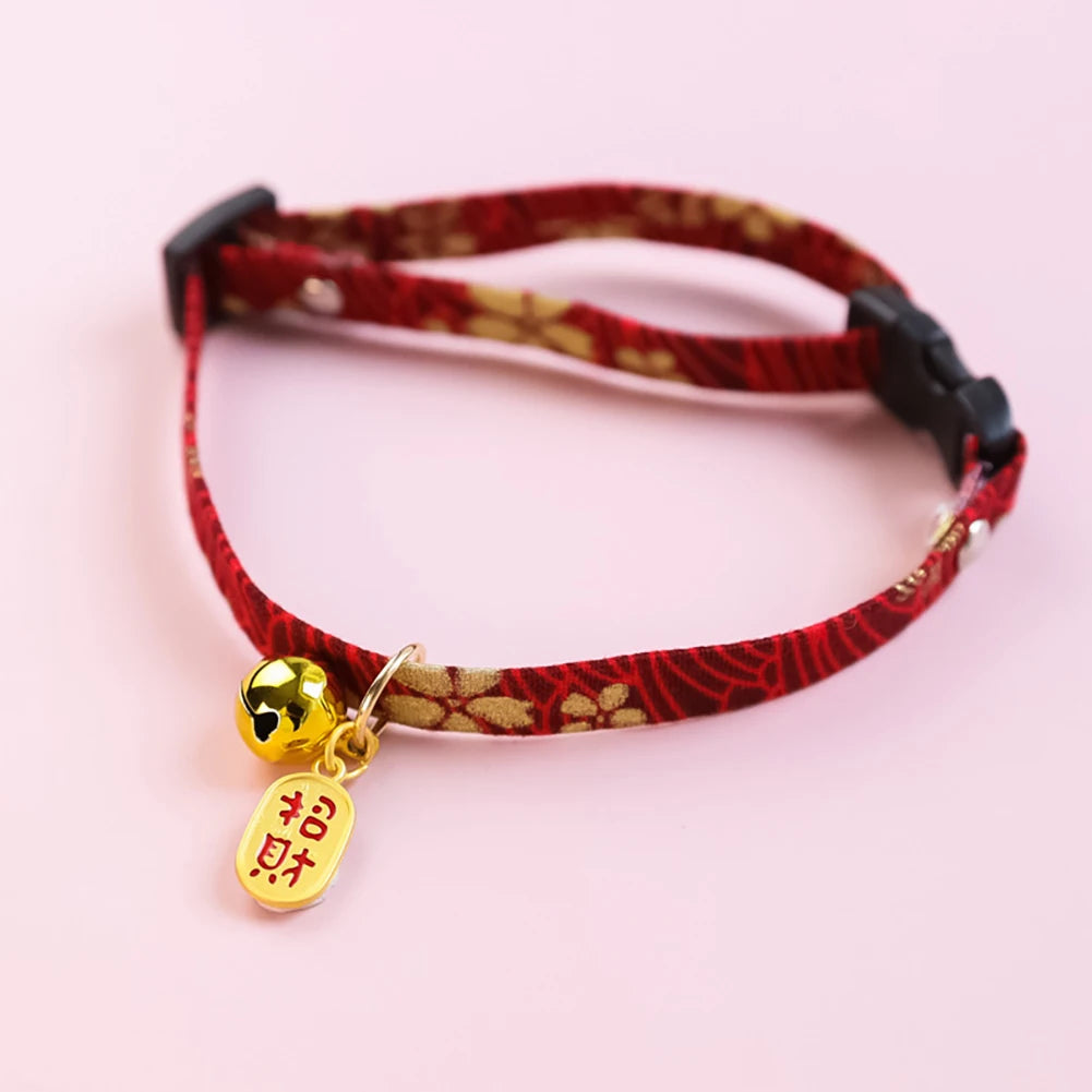 Japanese Style Adjustable Cat Collar with Bell Necklace Cute Pet Cat Dog Pendant Safety Collar Four Season General Pets Supplies