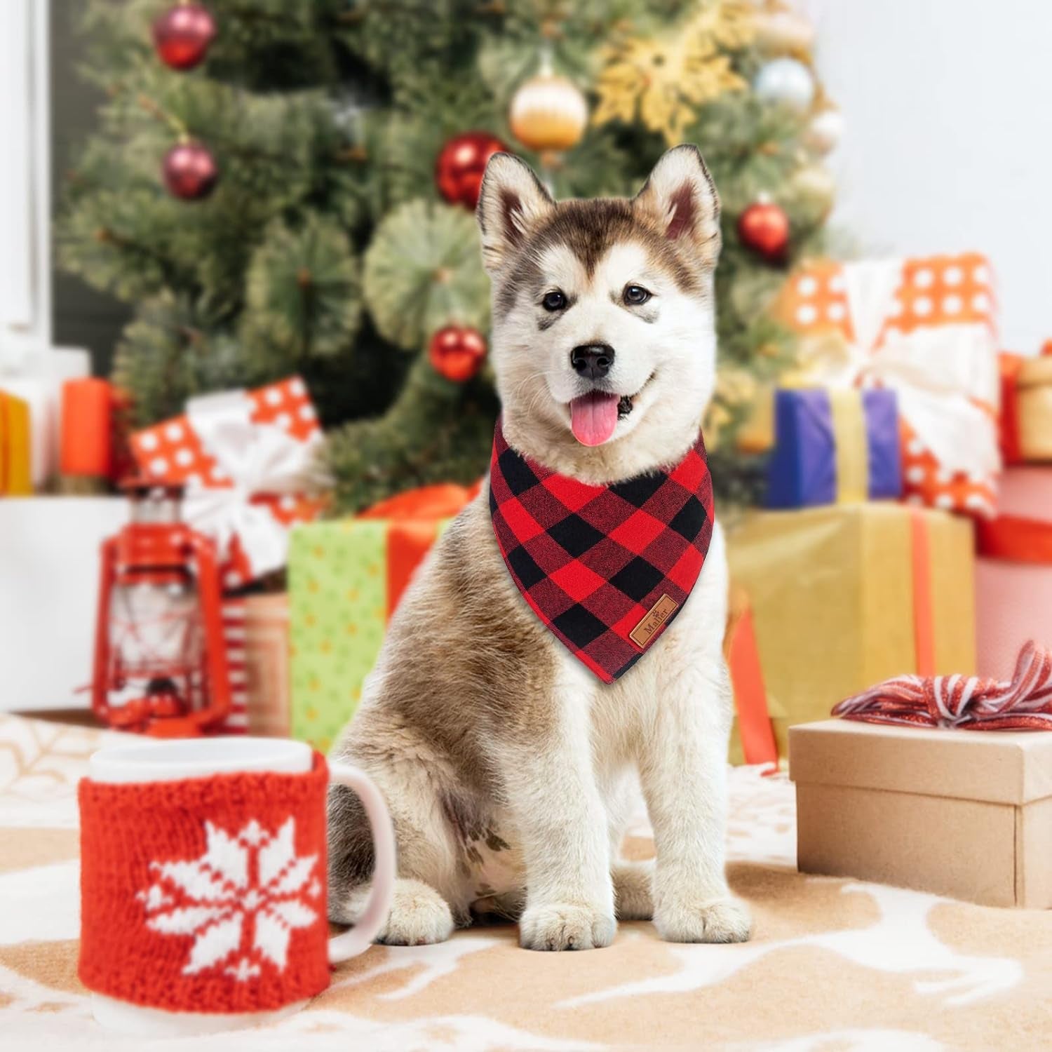 Set of 2 Christmas Dog Bandanas in Classic Buffalo Red Plaid - Triangle Bibs and Kerchiefs for Small and Large Dogs