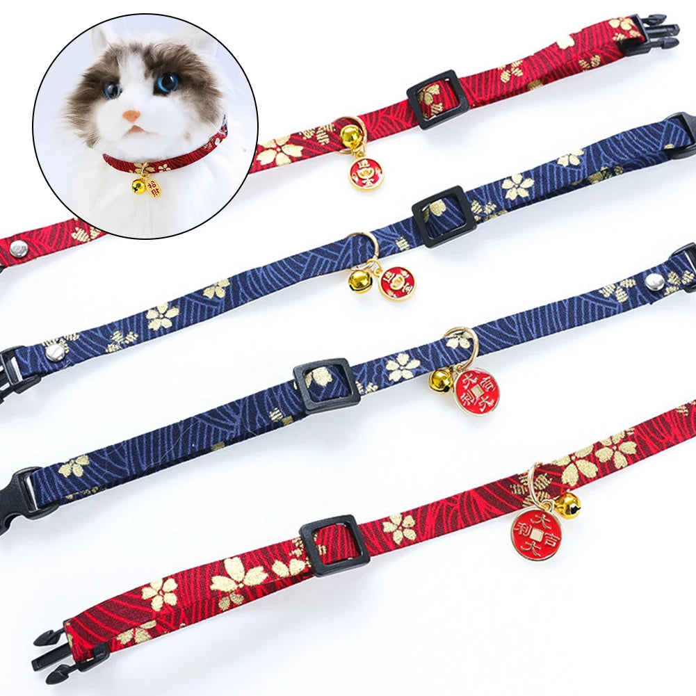 Japanese Style Adjustable Cat Collar with Bell Necklace Cute Pet Cat Dog Pendant Safety Collar Four Season General Pets Supplies