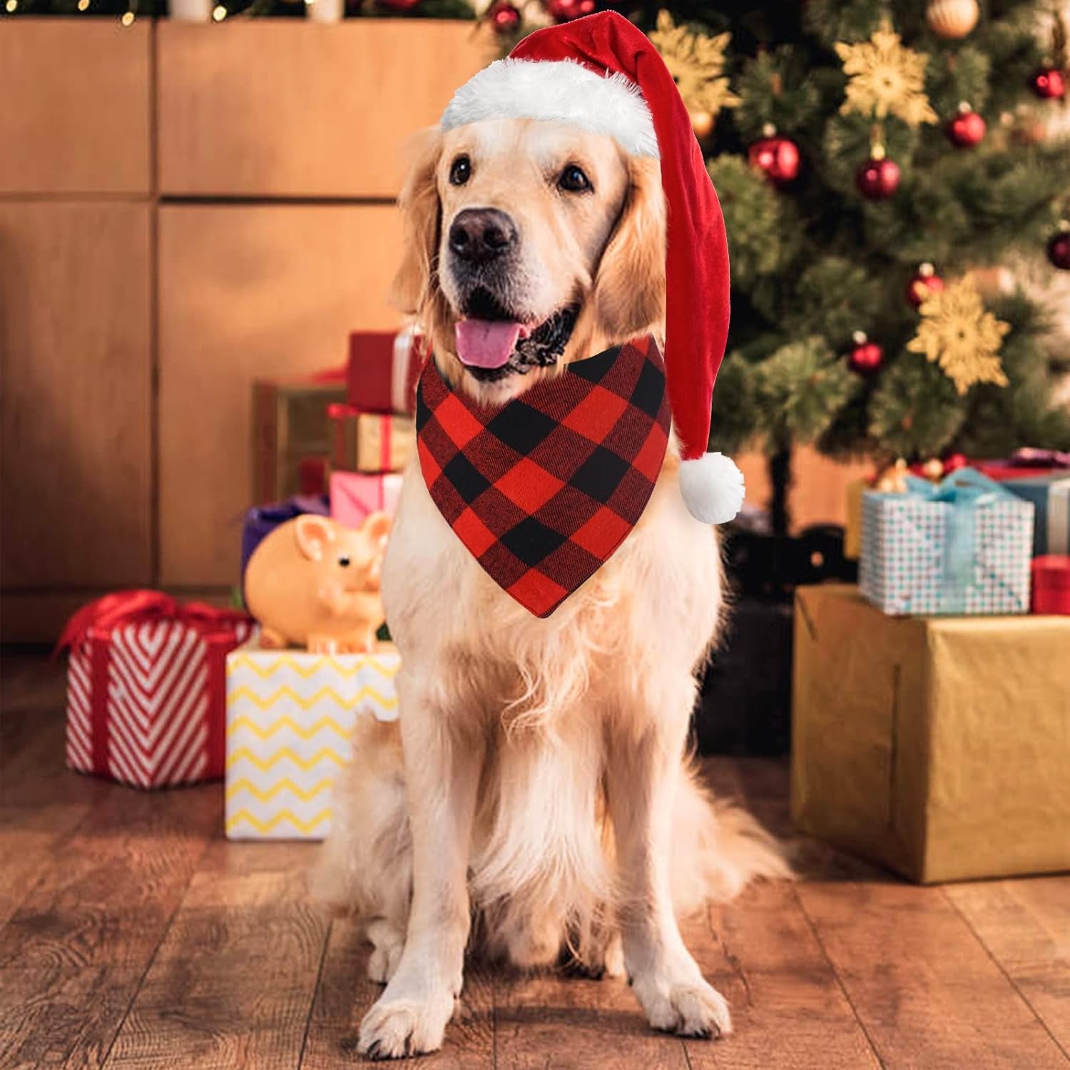Set of 2 Christmas Dog Bandanas in Classic Buffalo Red Plaid - Triangle Bibs and Kerchiefs for Small and Large Dogs