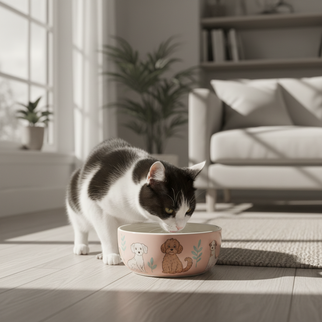 Black and White Cat with Pink Patterned Bowl