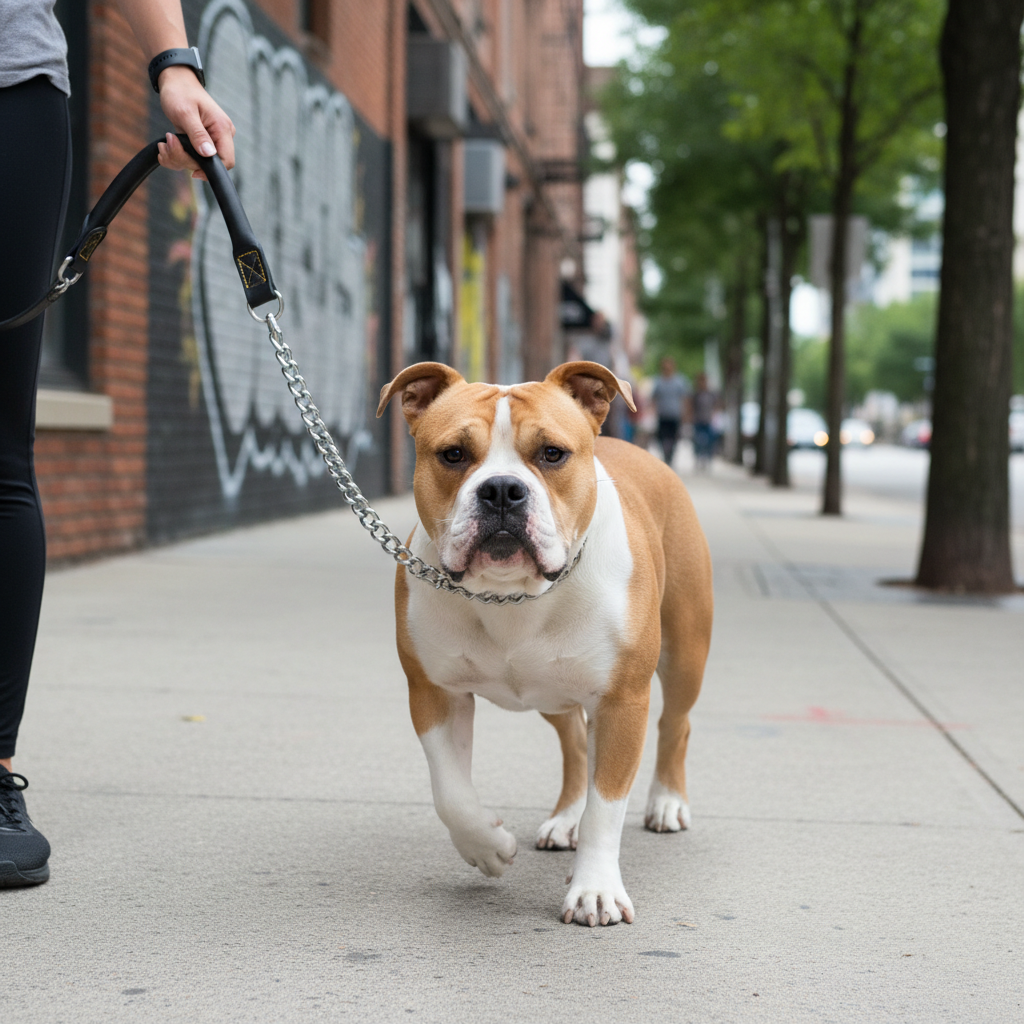 Bulldog on Metal Chain Lead