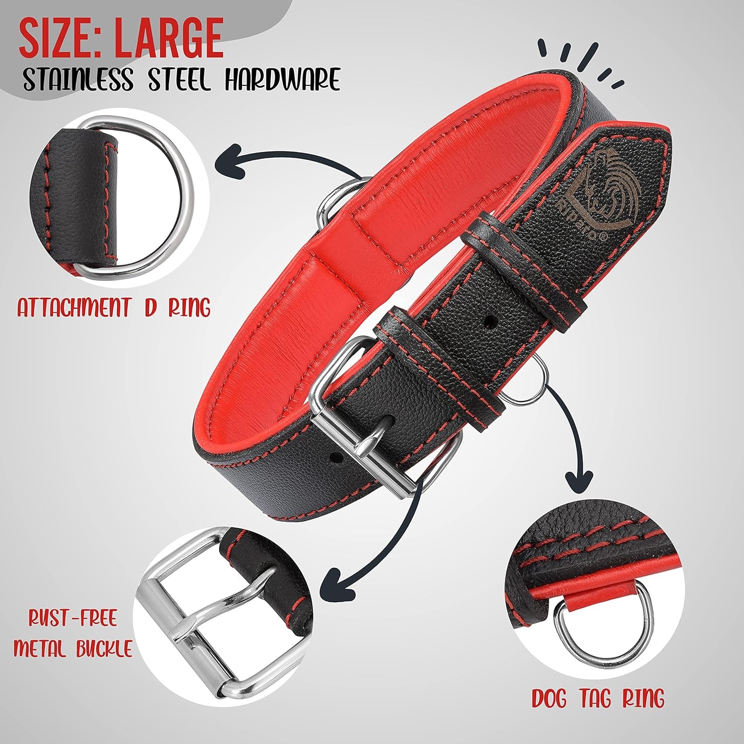 Riparo Dog Collars for Medium Dogs, Genuine Leather Dog Collar, Medium Dog Collar (M: 1" Wide for 13.5”-17.5” Neck, Black/Red Thread)