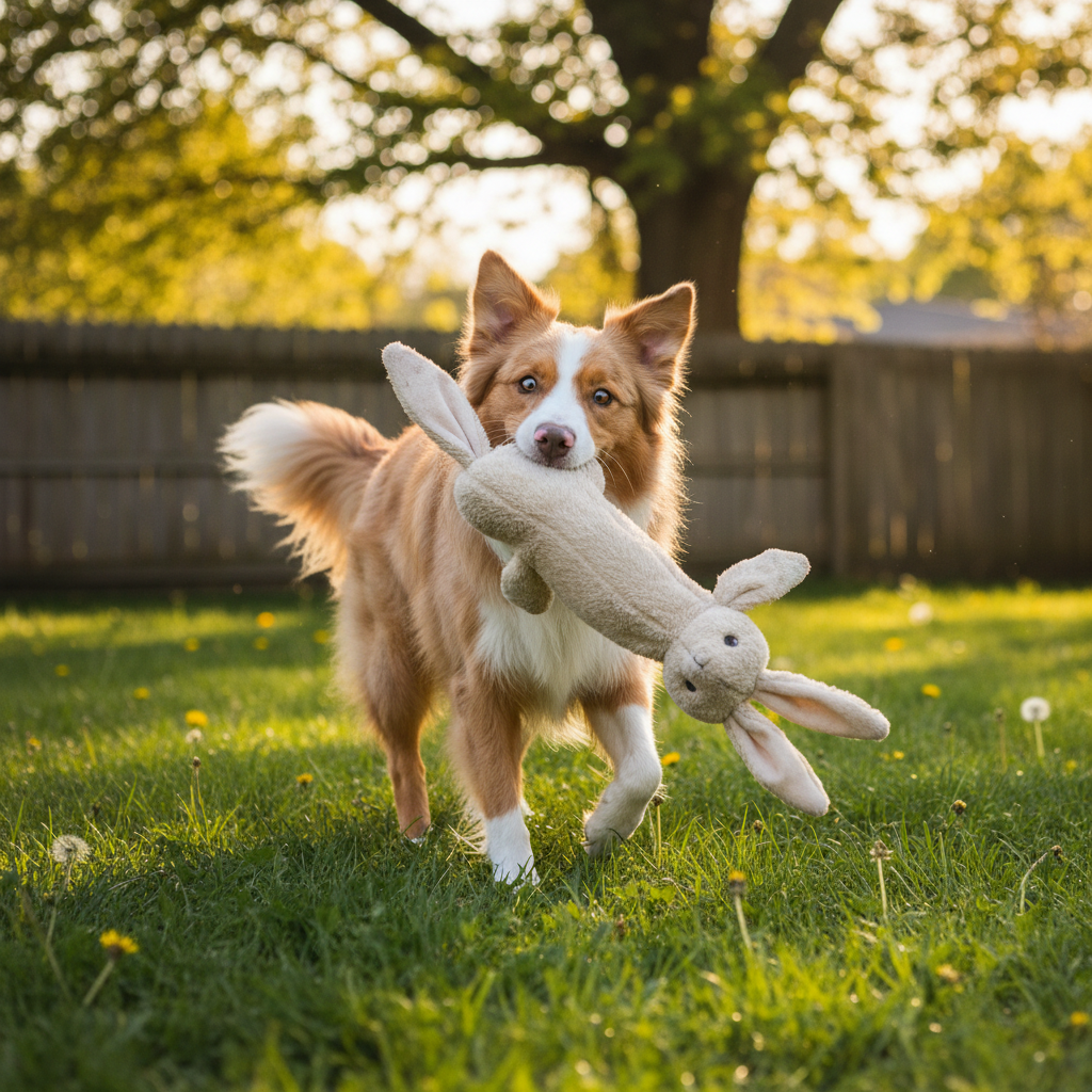 Dog Playing with Stuffless Hare Toy