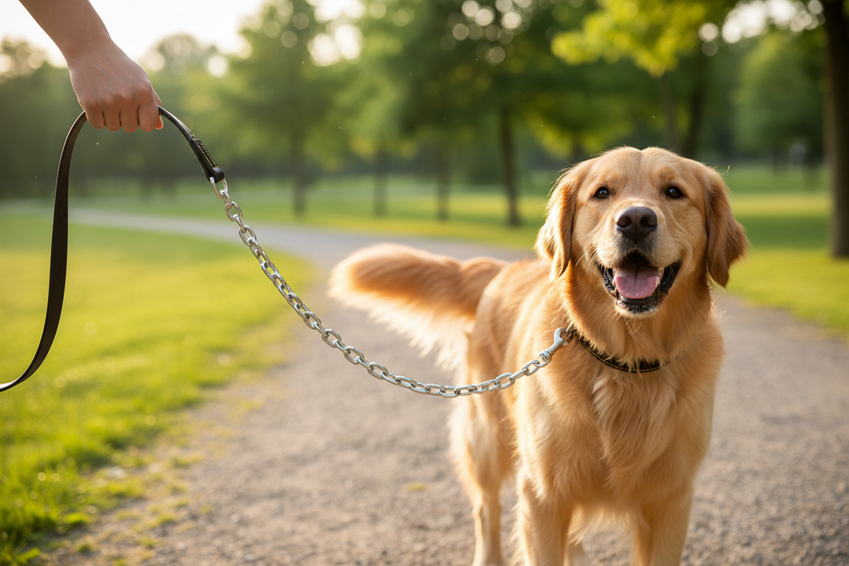 Dog Walking on Metal Chain Lead in Park
