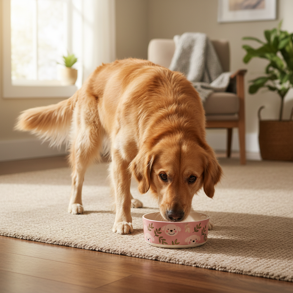 Dog with Pink Patterned Bowl