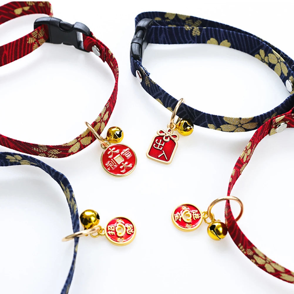 Japanese Style Adjustable Cat Collar with Bell Necklace Cute Pet Cat Dog Pendant Safety Collar Four Season General Pets Supplies
