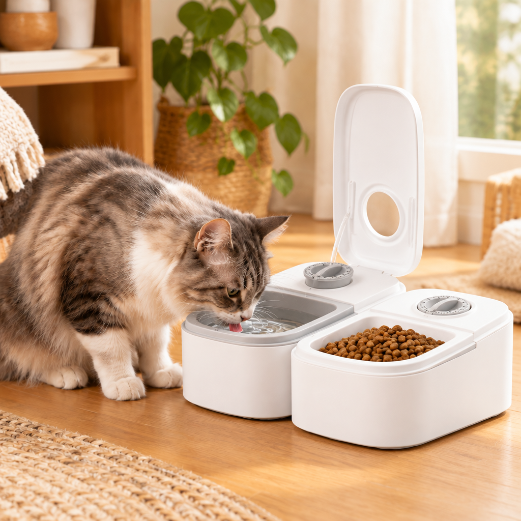 Cat using the 2-in-1 pet feeder 