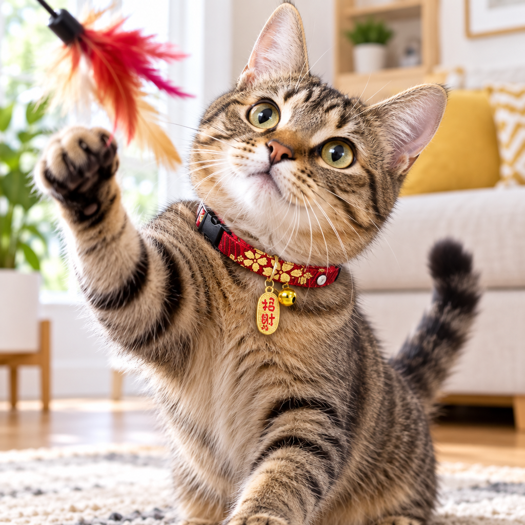 Playful cat wearing the style 07 collar